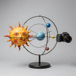 a kinetic sculpture of this solar system, sun, orrery, canon 5 d 5 0 mm lens, papier - mache, studio, 1 9 9 9