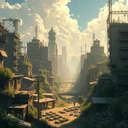 a wholesome animation key shot of a post apocalyptic city urban landscape, covered by nature hipster vibes by studio ghibli, animation, sharp, rendered in unreal engine 5, focused, anime key art by greg rutkowski, bloom, dramatic lighting