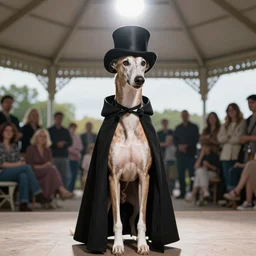 greyhound wearing a black cloak and a top hat under a spotlight in a pavilion full of people