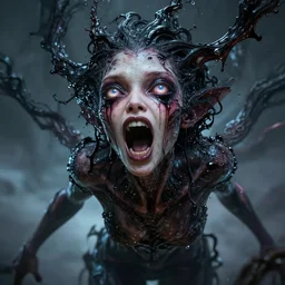 a beautiful feminine alien with thick black sludge seeping from her eyes, screaming while being consumed by darkness, iridescent eyes, dreamlike, intricate detail, 3d render, octane render, wide angle, cinematic, trending on artstation, 4k, hd