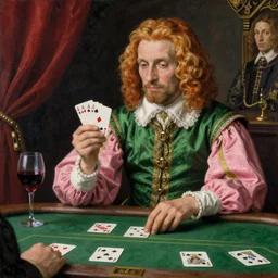 intricate beautiful medium - shot, the card player man, blonde reddish hair, in green and pink clothes of 1 7 th century, holds playing cards, wine glass, plays poker, in card's player by sezanne, by rutkowsky, matte painting, renaissance painting