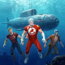 fantastic four underwater, submarine in the background