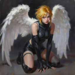 oil painting of tracer overwatch in the style of sophie anderson, on knees, angel wings, black outfit, dramatic painting,