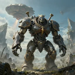 highly detailed elden ring portrait photo of a huge robotic golurk in scenic dystopian environment. an even bigger massive spaceship lifts off in the background, hyperrealistic illustration by william didier - pouget