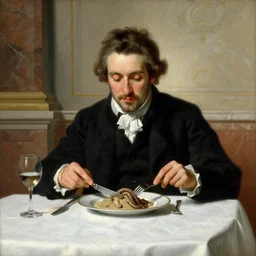 baroque oil painting handsome aristocrat in elegant black suit eating dish with sandworm from dune using knife and fork in restaurant, painted by greg rutkowski cushart krentz jeremy mann, marble interior, soft studio lighting, elegant, morandi color scheme, white embroidered tablecloth, wine glass, baroque style, 8 k resolution
