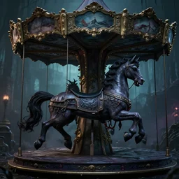a dark fantasy  side view of a dark evil undead carousel horse, tim burton, world of warcraft, league of legends