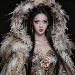a beauty oil paint of a heaven goddess with prety face, wearing a feathered cloak and a fancy silk floral dress, ornate, ultra realistic, concept art, intricate details, eerie, highly detailed, photorealistic, octane render, 8 k, unreal engine. ruan jia, wlop. scifi, fantasy, intense colors, hyper detailed, octane render, concept art, by peter mo