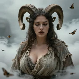 close - up of a curvy woman with ram horns in tattered robes, in a cloud of moths. in a liminal space. dramatic. cinematic. concept art. 4 k, ultra - high - definition