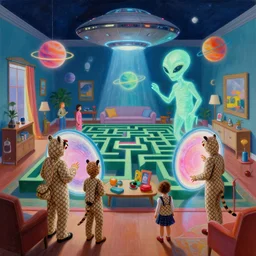 painting of a gucci animal costumed family being shown how to open magic portals by a large glowing alien in their suburban living room maze, ufo in the room, designed by gucci and wes anderson, energetic glowing planets in the air, cinematic look, in the style of edward hopper, james jean, petra collins and mc. escher, uhd,