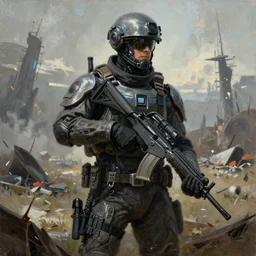a stunning portrait painting of a futuristic soldier in a post apocalyptic landscape, dynamic lighting