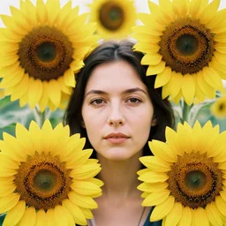 An vintage analog head and shoulder frontal face portrait photography of a woman surrounded by multiple oversized sunflowers by Annie Leibovitz. Kodak Portra 800 film. Depth of field. whirl bokeh. Golden hour. detailed. hq. realistic. warm light. muted colors. Moody. Filmic. Dreamy. lens flare. Leica M9, f/1.2, symmetrical balance, in-frame