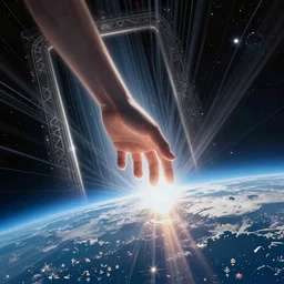 a celestial holy hand coming from a portal down to earth, dynamic lighting, fantasy concept art, trending on art station, stunning visuals, creative, cinematic, ultra detailed, ray tracing