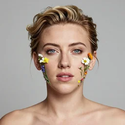 Scarlett Johansson portrait with face made of wild flowers