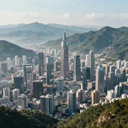 a view of a futuristic city on beautiful mountain landscape