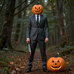 man in strict suit with pumpkin mask, Halloween pumpkin, forest background, on plain, bloody knife in right hand, some blood on body, full body, extremely detailed, sharp focus, professional photographer, professional model