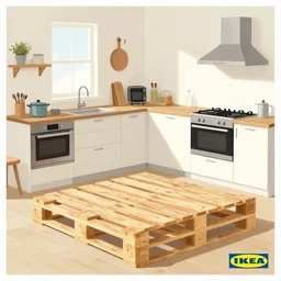 illustration of a kitchen made out of wood pallet in style of ikea instruction