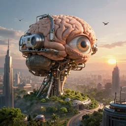 cult of technology, exterior, scifi, machines, artificial intelligence!!, ultra realistic, highly detailed, brain in a vat with a large eye!!, futuristic landscape, industrial, sunset, city, utopian architecture, green plants, birds eye view, atmosphere, masterpiece, epic lighting, glow, mysterious, cinematic, art by patryk olkiewicz and chris ostrowski