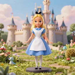 beautiful alice full body doll figurine infront of castle, alice in wonderland theme, disney inspired, octane render, 8 k, ultra realistic, hd, cinematic lighting, fantasy landscape, artstation
