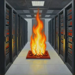 a painting by Wayne Thiebaud inside of a high end data center that's on fire!!!!!!! by Wayne Thiebaud