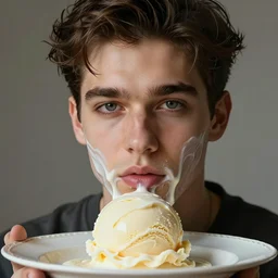 close up of gorgeous hyperrealistic male face melts like ice cream on a plate, digital art masterpiece, highly detailed neo pop surrealism, jason limon kay sage hannah yata, dramatic lighting, medium shot, low angle, uhd 8 k, sharp focus