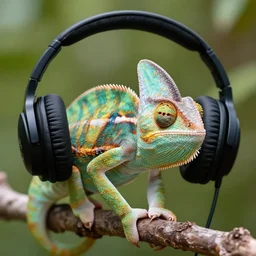 a high quality photo of a chameleon wearing headphones, realism, 8k