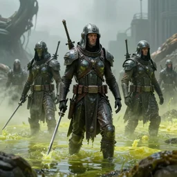 group of sardaukar soldiers in a chlorine swamp, retrofuturism sci - fi old movie, highly detailed, photorealistic, 8 k, by beksinski and stalenhag