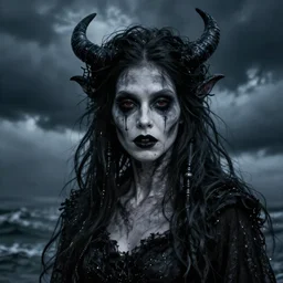 a close up portrait of a creepy sea witch with dark turbulent skies, photorealistic, by jessica rossier, 4 k resolution