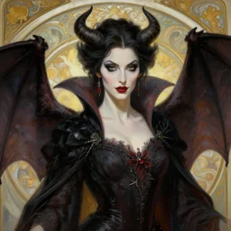 close up painting a beautiful vampire queen in gothic robes with bat wings, by nekro, peter mohrbacher, alphonse mucha, elegant, highly detailed, artstation