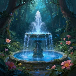immortality fountain, well, in the jungle. bloom, blue lighting. fantasy, digital painting, hd, detailed.