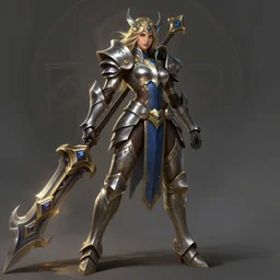 poster!! beautiful new female character for league of legends, character concept art, action pose, illustration, full body armor, steel plating, huge weapon, super powers, athletic, symmetry, intricate design, shiny, highly detailed, hd, dramatic lighting, art by artgerm and greg rutkowski