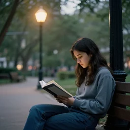 a girl reading a book, city park, street lighting, by Emmanuel Lubezki