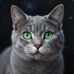 portrait of grey cat with big green eyes in the space with nebulae, realistic painting, high definition, digital art, matte painting, very detailed, realistic