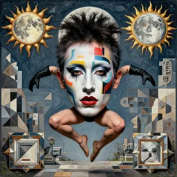 gender ambiguous person jumping with abstract makeup in face fused body gloves mullet sun moon symmetrical facial features hyper realistic 4 k rule of thirds extreme detail by gottfried helnwein raqib shaw max escher tessellation