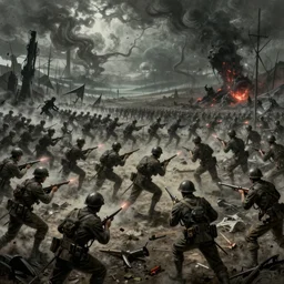 a surreal, hellish, and maddening battlefield filled with soldiers fighting a pointless war in the style of zdzisław beksinski in the style of junji ito trending on artstation deviantart pinterest furaffinity detailed realistic hd 8 k high resolution