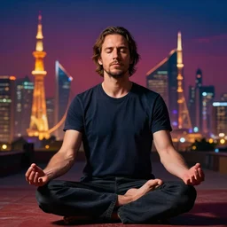 ⁠portrait of Russell Brand meditating, Karachi skyline background, rich vivid colors, ambient lighting, dynamic lighting, 4k, HQ, official media, anime key visual, makoto shinkai, ilya kuvshinov, lois van baarle, rossdraws, detailed, trending on artstation