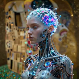 timeless cybernetic deity girl with circuitry skin and networked mind tripping on acid, intricate detail, royo, whealan, giger, klimt, hd, octane render, unreal engine,