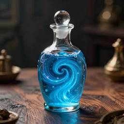 spirit potion containing swirling glowing blue liquid, beautiful intricate glass bottle, on a wooden table, dramatic lighting, fantasy, CGI, octane render, 8k