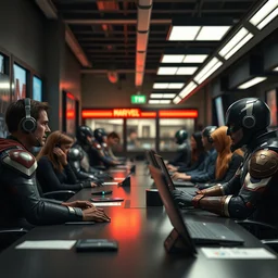 marvel avengers at a call center, sharp focus, photography, unreal engine, trending on artstation, photorealistic, octane, trending on deviantart