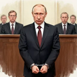 vladimir putin on trial in the hague in handcuffs court drawing