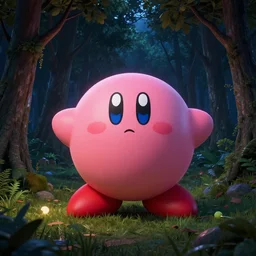 kirby in the woods at night, unreal engine, octane render, lumion, architectural, concept art, hyper detailed, perfection, dramatic lighting