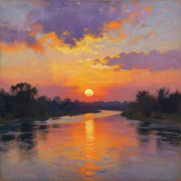 sunset over the river william turner, atmospheric expressionism, vibrant