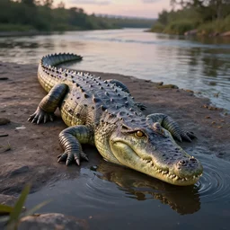 melting crocodile, 3 d model, unreal engine, highly detailed, on a riverbank, hyperealistic, octane render, concept art, artstation, dusk lighting, realistic shadows