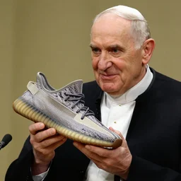 john paul ii admiring a yeezy foam runner sneaker in his hands