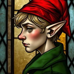 detailed side - view portrait of an elf, sharp nose, green coat, tight red hat, tenth century stained glass window, very masterful