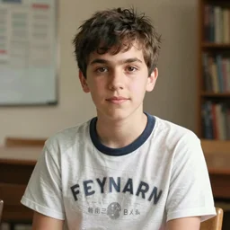 The young Richard Feynman wearing a t-shirt, stunning portrait, 35mm F/1.2
