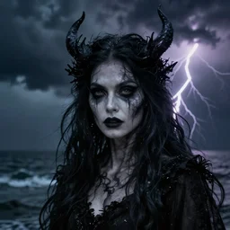 a close up portrait of a creepy sea witch with dark turbulent skies and lightning, photorealistic, by jessica rossier, 4 k resolution