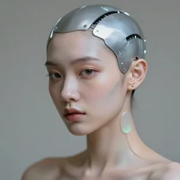 soft focus portrait of an android with soft synthetic skin, bioluminescent plastics, smooth shiny metal plates, elaborate head piece, piercings, skin textures, by annie liebovotz,