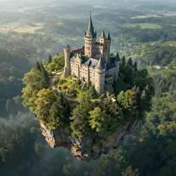 a flying island with a castle in the forest, in the style of peter merzbacher and jacek jerka