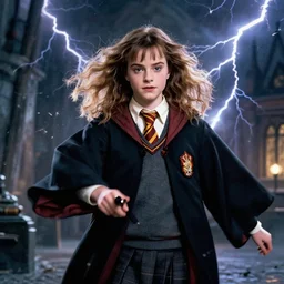 Hermoine from Year 1 is mad, storms and lightning flashing, chaos,