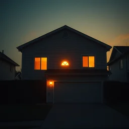 my dream of lonely suburban house, golden hour, uncanny, front door, two windows, garage door, overly happy, harsh lighting, liminal space featured on artstation, volumetric lighting